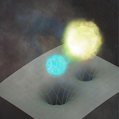 Impression of the 6.9 minute double white dwarf binary J1539+5027, composed of a tidally heated white dwarf (yellow) and its more compact companion (blue)