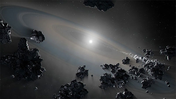 artist’s illustration shows a 3-billion-year-old white dwarf star accreting material from the remnants of its former planetary system