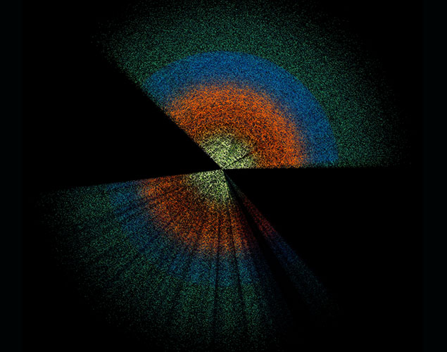 Map of the distribution of galaxies observed by the DESI collaboration, from which it is possible to accurately measure the velocities of galaxies