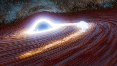 This artist's concept depicts a supermassive black hole in the process of shredding a massive star—at least 30 times the mass of our Sun—to pieces