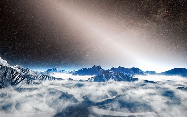 Exozodiacal dust, depicted in this artist's illustration as a glowing white haze above the horizon