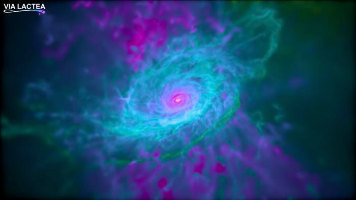 This image shows the gas disc in a computer simulation of a Milky Way-like galaxy from the Auriga suite. Colours represent the ratio of magnesium (Mg) to iron (Fe), revealing that the galactic centre (pink) is poor in Mg, while the outskirts (green) are Mg-rich.