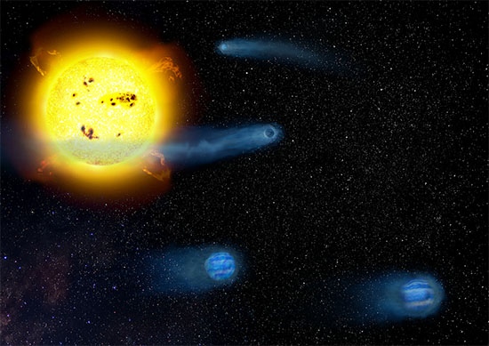 Artist’s impression of four orbiting exoplanets. Intense radiation from the host star may be heating their puffy atmospheres, causing atmospheric escape into space.