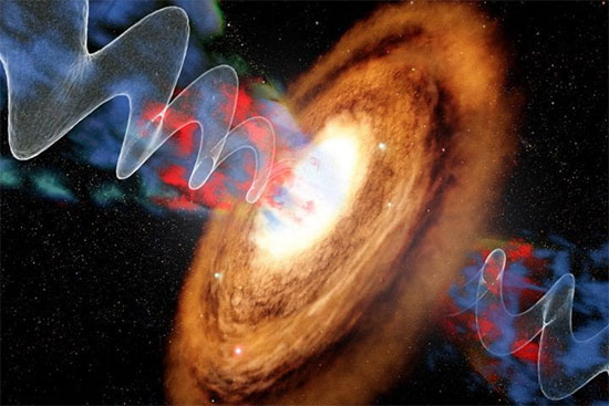 This artist’s rendering illustrates a precessing jet erupting from the supermassive black hole at the center of galaxy VV 340a
