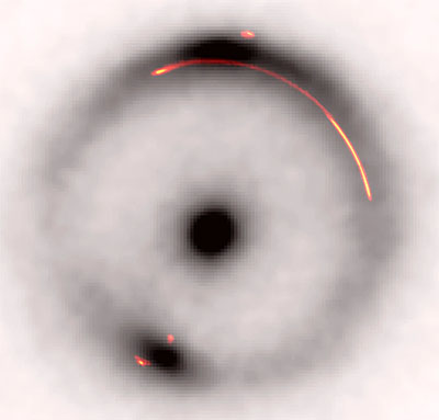 Overlay of the infrared emission (black and white) with the radio emission (colour)