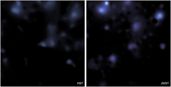 The Dark Matter distribution in the COSMOS field observed by the Hubble Space Telescope (left) and by James Webb Space Telescope (right)