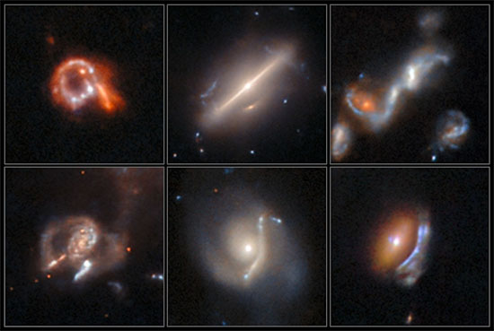 Six previously undiscovered, weird and fascinating astrophysical objects are displayed in this new image from NASA’s Hubble Space Telescope. They include three lenses with arcs distorted by gravity, one galactic merger, one ring galaxy, and one galaxy that defied classification.