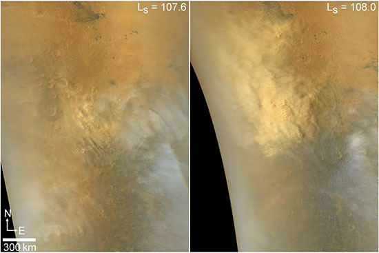 Daily MRO-MARCI global map images of the initial growth of a rare regional dust storm in northwestern Syrtis Major