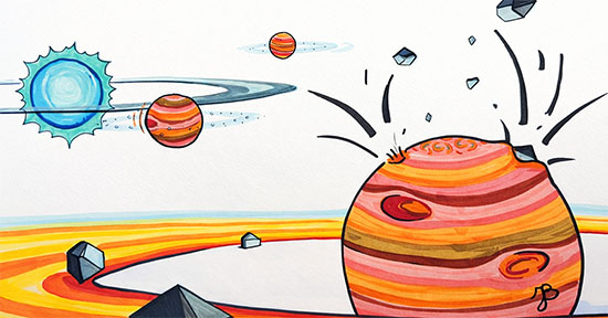 One way gas giants form is through core accretion, where solid cores gradually grow in a disk by pulling in rocky and icy pebbles until they become massive enough to attract the gas that surrounds young stars