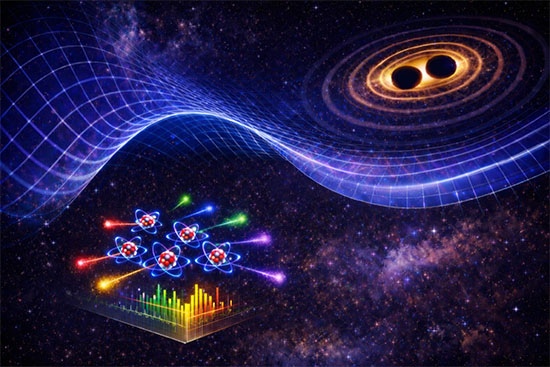 Gravitational waves modify the frequency (color) of light emitted by atoms depending on the direction of emission