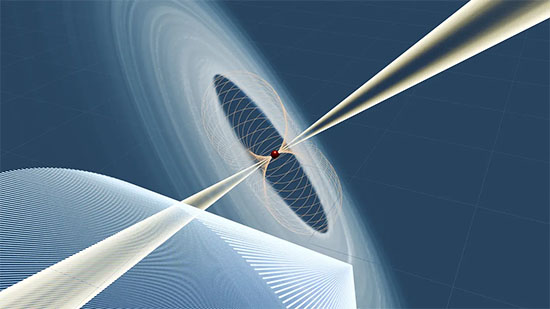 The illustration shows a pulsar (red sphere) and its strong magnetic field (yellow lines)