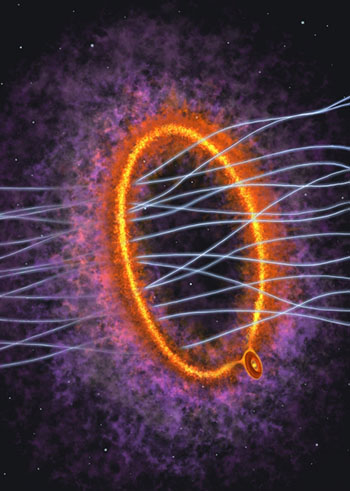 An artist’s rendering of the molecular cloud core MC 27 based on observations from the ALMA telescope
