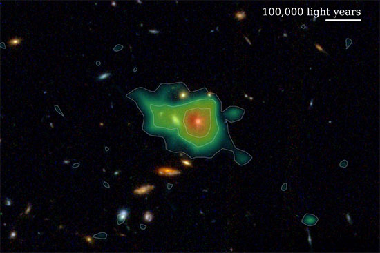 An enormous halo of hydrogen gas found in Hobby-Eberly Telescope Dark Energy Experiment data and superimposed over its location as seen in deep imaging from the James Webb Space Telescope