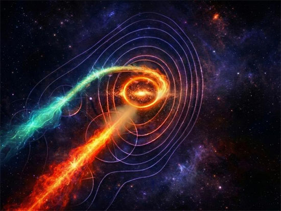 The artistic rendering shows the center of the galaxy Markarian 501, from which two powerful jets emanate. The radio observations are visible as contours in the background.