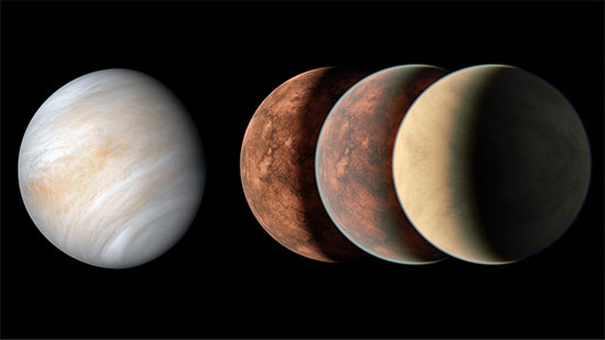 This image of Venus taken by NASA’s Mariner 10 spacecraft (left) is paired with an artist’s depiction of three possible atmospheres on a recently discovered exoplanet, Gliese 12b