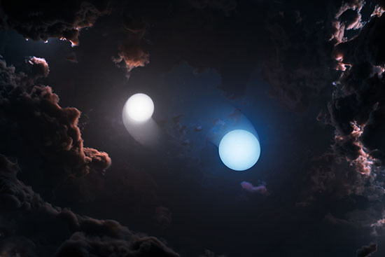 Artist’s impression of two young stars orbiting each other inside the dusty Orion star-forming complex