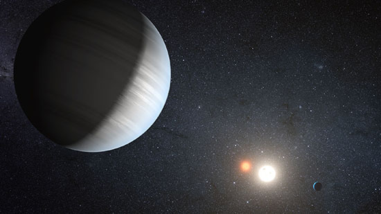 An artist's impression of two circumbinary planets orbiting a binary star system