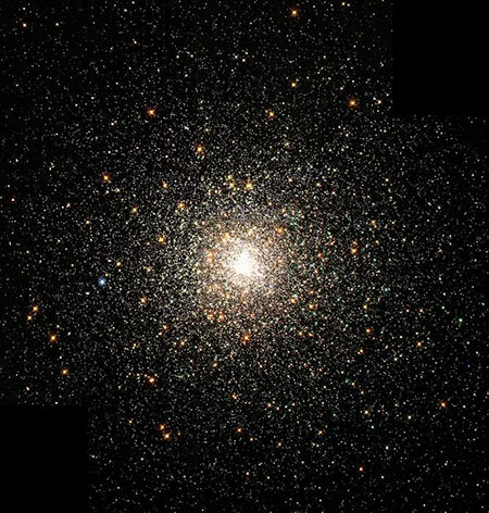 Yellow and white objects of different shapes and sizes are shown against a black background, representing hundreds of thousands of stars bound together in a crowded environment in space.