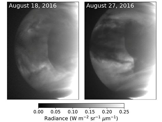These images taken on Aug. 18 (left) and Aug. 27 (right), 2016, by the near-infrared camera on Japan’s Akatsuki Venus probe, show the clear line of denser (darker) clouds moving across the planet