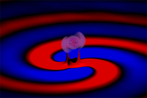 >model predicts how gravitational waves (blue and red waves) can carry imprints of any dark matter (light purple) that two merging black holes happen to spiral through