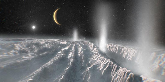 Artist’s impression of cryovolcanism on Enceladus, an icy moon of Saturn