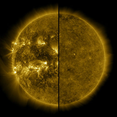 A split image showing an active Sun during solar maximum (on the left, taken in 2014) and a quiet Sun during solar minimum (on the right, taken in 2019)
