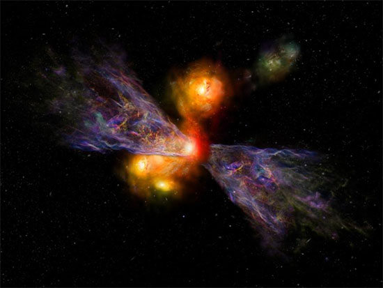 An artist’s impression of the galaxy CRISTAL-02, with a huge plume of cold gas extending away from it