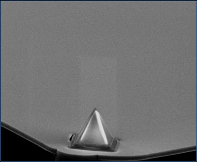 This is an SEM image of a silicon microcantilever with an ultrasharp tip of diamond-like carbon with silicon