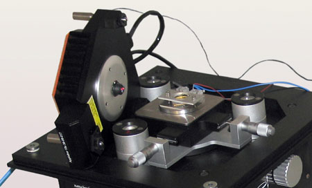 Overview showing the electrochemical cell on a FlexAFM Sample Stage equipped with Environmental Control Chamber, Micrometer Translation Stage and isoStage