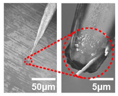 nano-storage wires deposited on tip of a micropipette