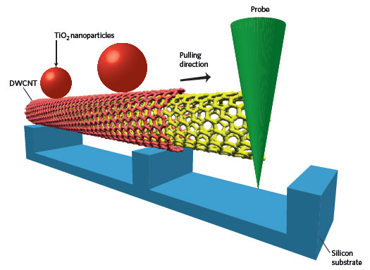 Schematic of the experiment illustrating a process of pulling out the inner shell (yellow) from its outer host (red) through a sensitive force probe