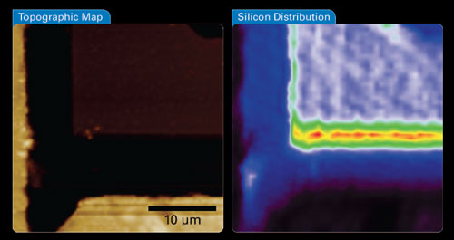Simultaneous AFM-Raman acquisition sequence with (left) AFM sample topography, and (right) Raman map