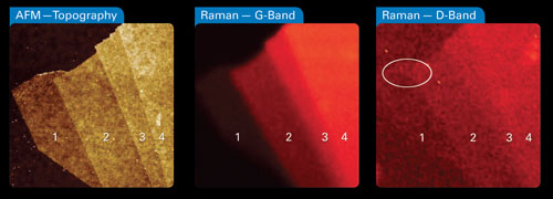 AFM topography (left) and Raman images of the G (middle) and D-band (right) of a graphene flake on silicon