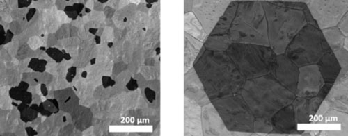 Scanning electron micrographs of graphene without (left) and with (right) silicidation on platinum
