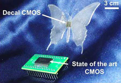 comparison between decal CMOS electronics and state of the CMOS electronics on a Thai silk