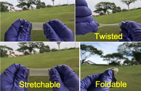 Photographs of a stretchable and transparent nanocomposite generator that is stretchable, twisted, and foldabl