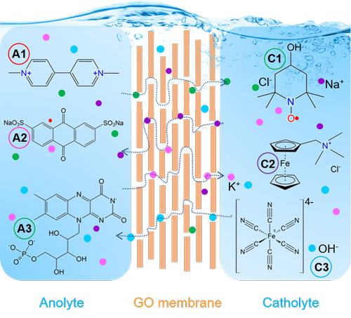 Schematic illustration of the working mechanism of graphene oxide membranes for redox flow batteries
