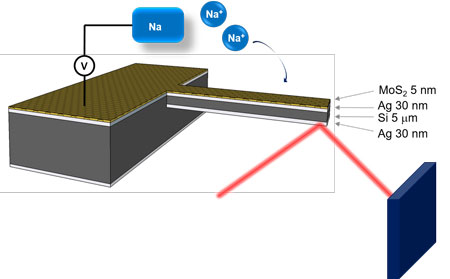 This schematic illustrates the microcantilever system for the detection of the sodiation/desodiation induced stress in the few-layer MoS2