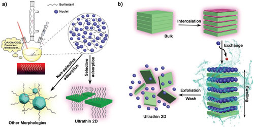 Schematic illustration of two common approaches for the synthesis of ultrathin 2D rare-earth nanomaterials