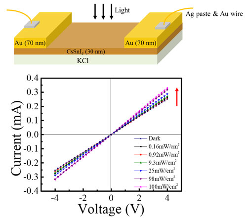 Architecture and current-voltage characteristics of single crystalline CsSnI3 thin-film-based photodetector