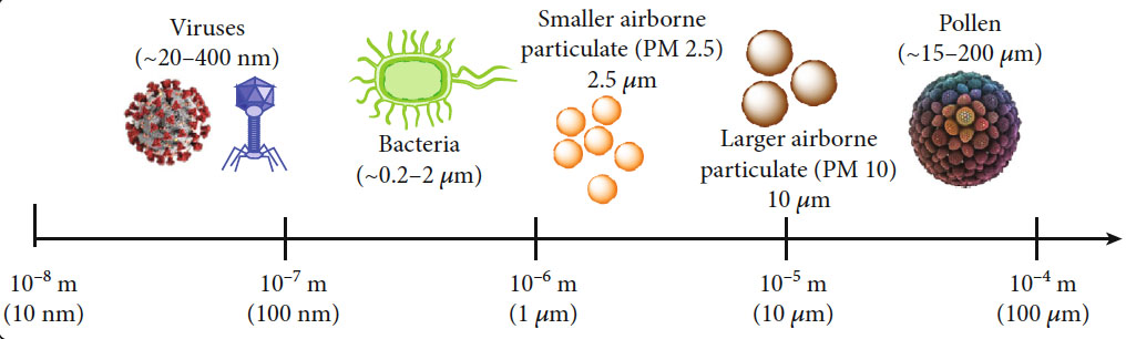 Relative size chart of common airborne contaminants and pathogens