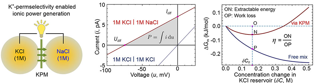 Ionic power generation by mixing KCl and NaCl solutions of equal concentration