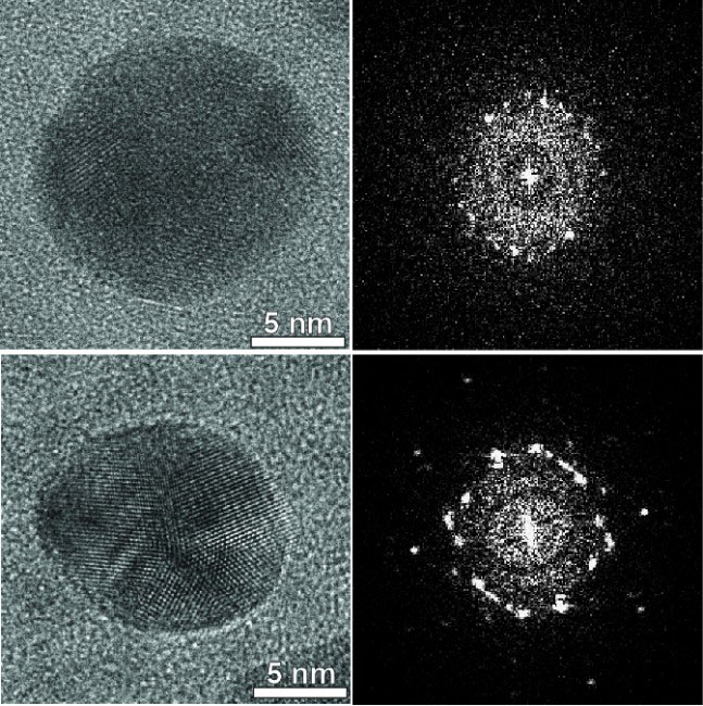High resolution transmission electron microscope images of Au nanoparticles before (above) and after (below) encapsulation