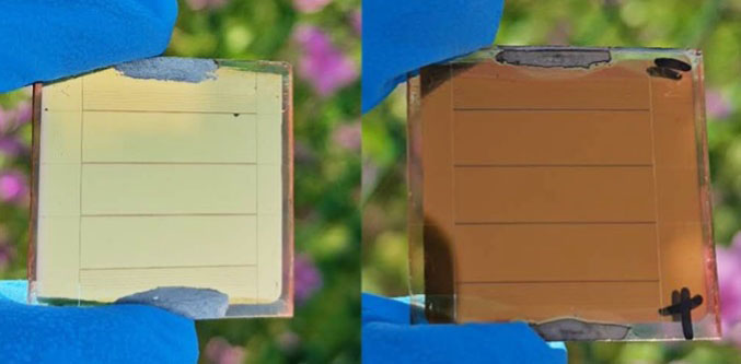 Photos of antimony-based perovskite inspired solar module from back side (left) and front side (right)