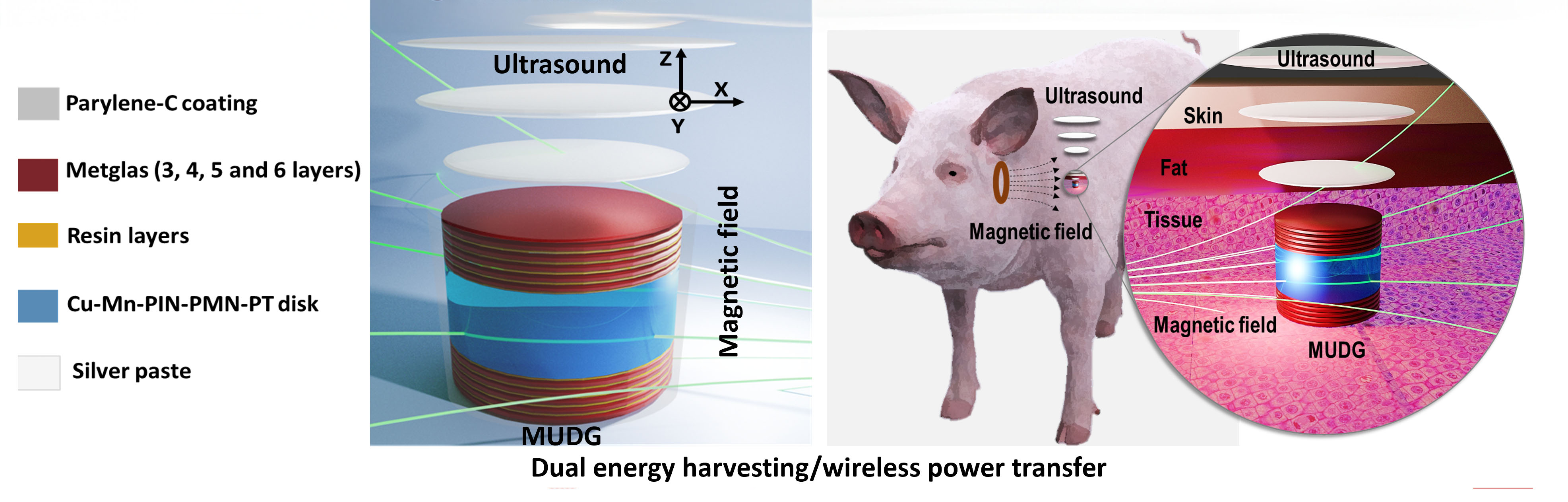 harvesting both magnetic and ultrasound energy to safely power medical implants