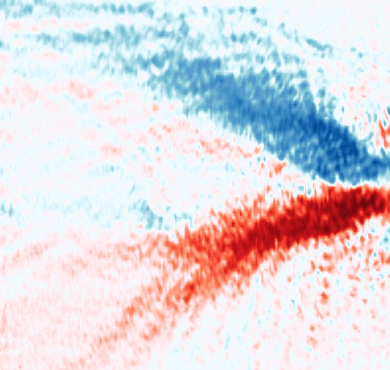An electric field applied to a microcavity structure caused polaritons with different spins to move away from one another in opposite directions. This is visualised here by a spectrometer, with red polaritons spinning in one way separated from blue polaritons spinning the other way after they moved apart