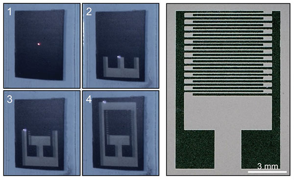 Composite image illustrating the laser ablation process used to pattern interdigitated electrodes on a roll-to-roll exfoliated graphite film deposited on a flexible polycarbonate substrate