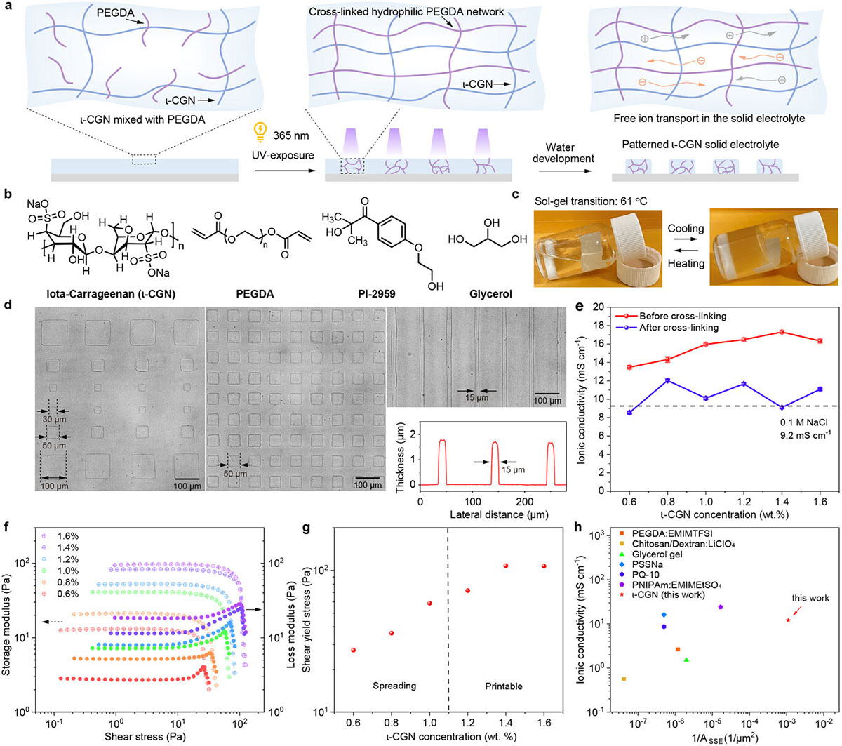 Diagram showing UV crosslinking of a ι-carrageenan and PEGDA hydrogel for solid-state electrolytes, with chemical structures, thermal behavior, high-resolution patterning down to 15 μm, conductivity above 10 mS/cm, and rheological properties across concentrations.
