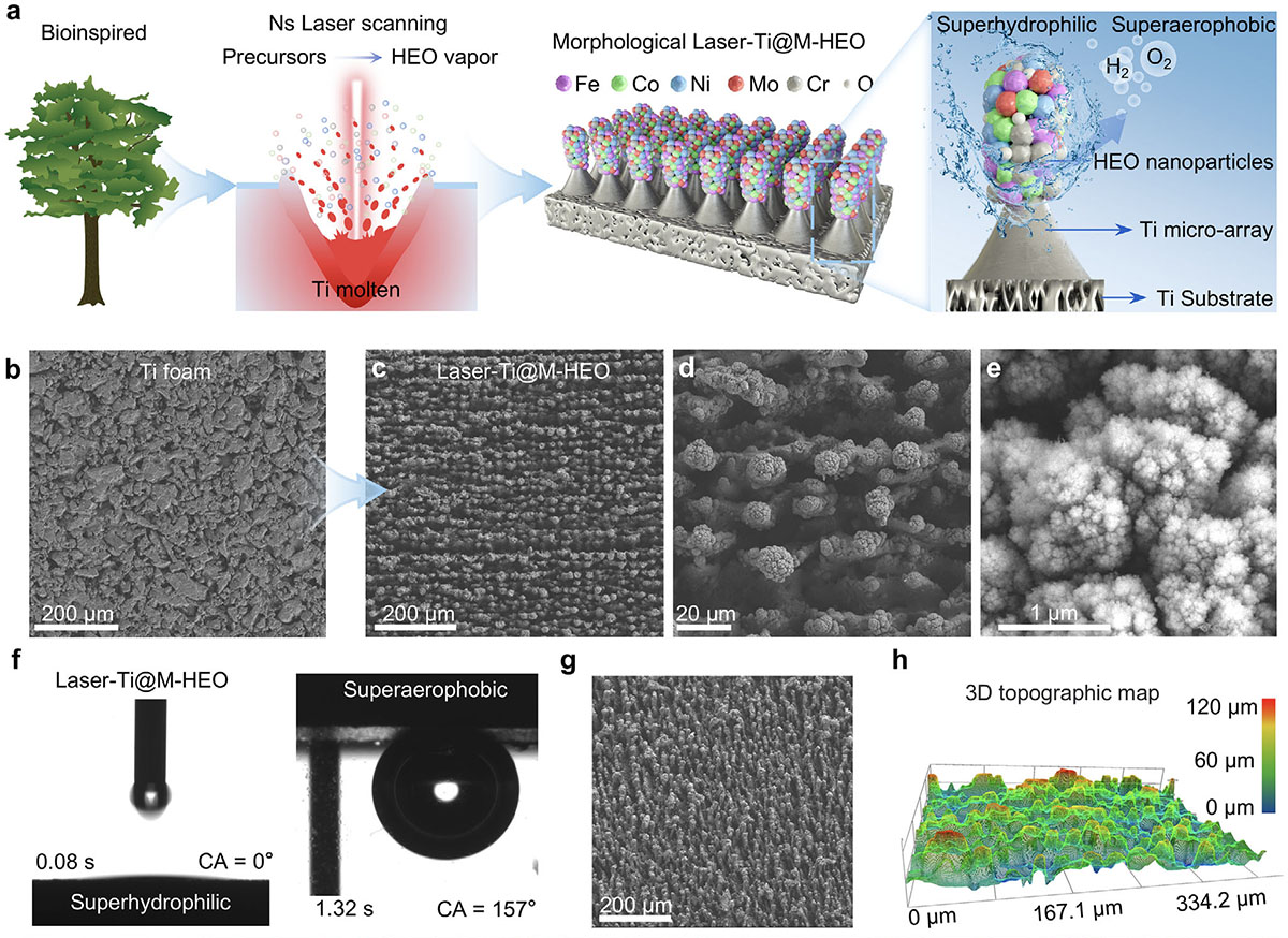 Microscope images show cone shaped titanium structures coated with evenly distributed mixed metal oxide nanoparticles, forming a tree like surface that improves water splitting efficiency