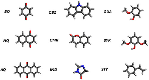 Aromatic building blocks analyzed in this work: Benzoquinone (BQ), Naphtoquinone (NQ), Antraquinone (AQ), Carbazole (CBZ), Coumarin (CMR), Imidazolinone (IMD), Guaiacol (GUA), Syringol (SYR), and Styrene (STY).